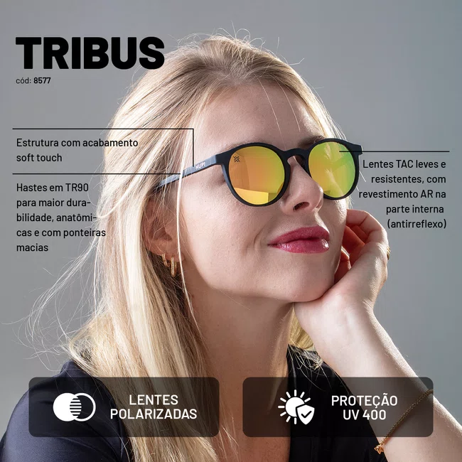 Óculos de Sol HUPI Tribus Preto Lente Dourado Espelhado