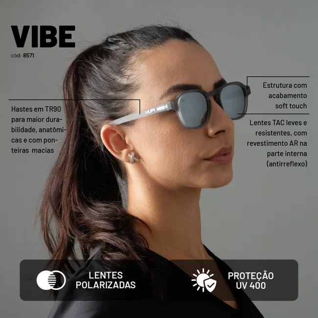 Óculos de Sol HUPI Vibe Cinza Lente Prata Espelhado
