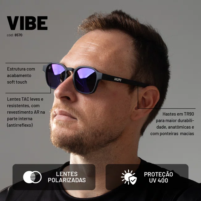 Óculos de Sol HUPI Vibe Preto Lente Azul Espelhado