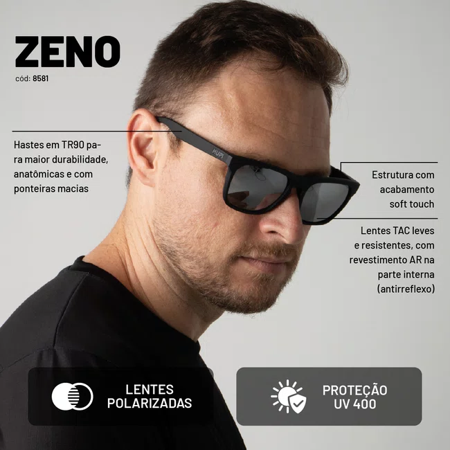 Óculos de Sol HUPI Zeno Preto Lente Prata Espelhado