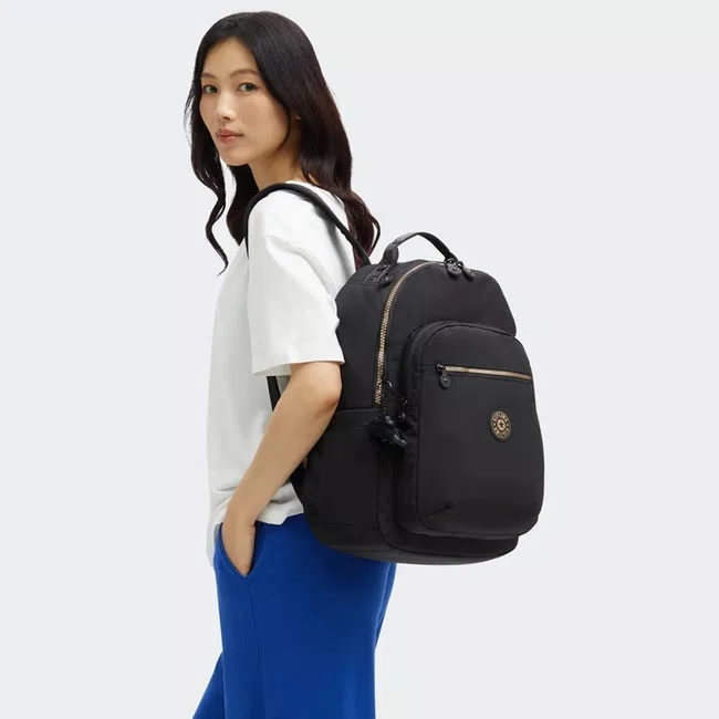 Mochila Kipling Seoul Preto e Dourado