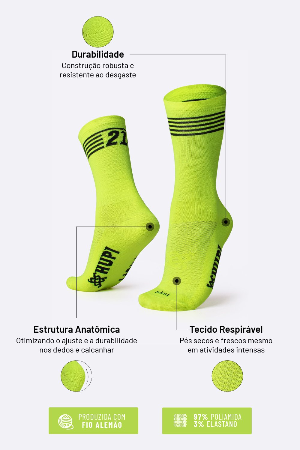Meia Corrida HUPI 21K Split Amarelo Neon Meia Corrida HUPI 21K Split Amarelo Neon