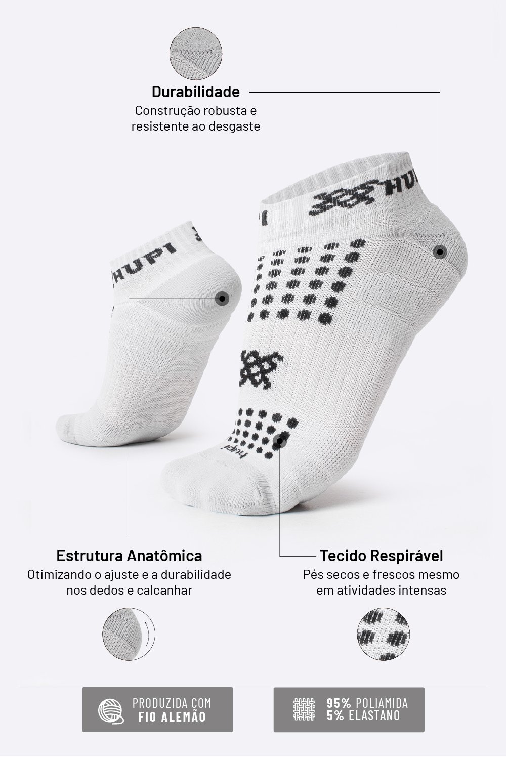 Meia Curta para Corrida HUPI - Running Pro Branco Meia Curta para Corrida HUPI - Running Pro Branco