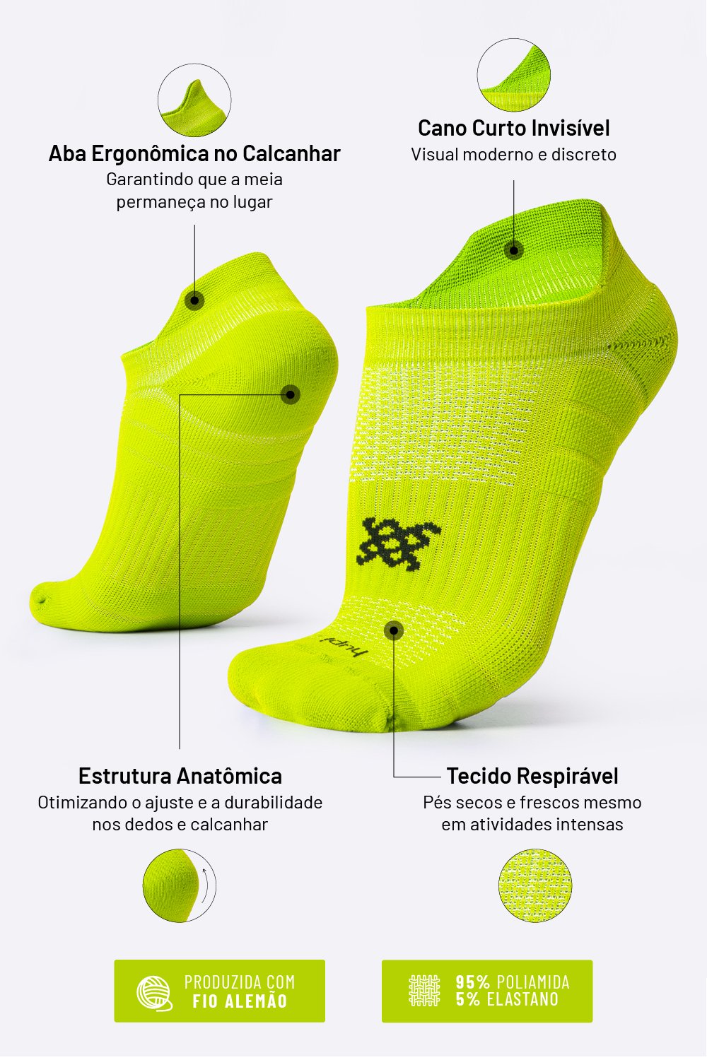 Meia Curta para Corrida HUPI Running Pro Invisível Amarelo Neon Meia Curta para Corrida HUPI Running Pro Invisível Amarelo Neon