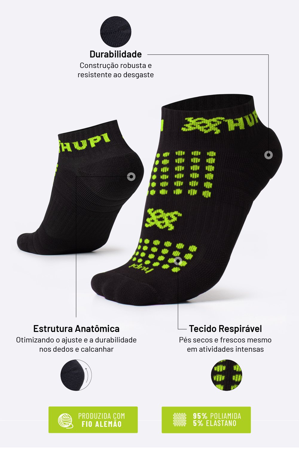 Meia Curta para Corrida HUPI - Running Pro Preto/Verde Meia Curta para Corrida HUPI - Running Pro Preto/Verde