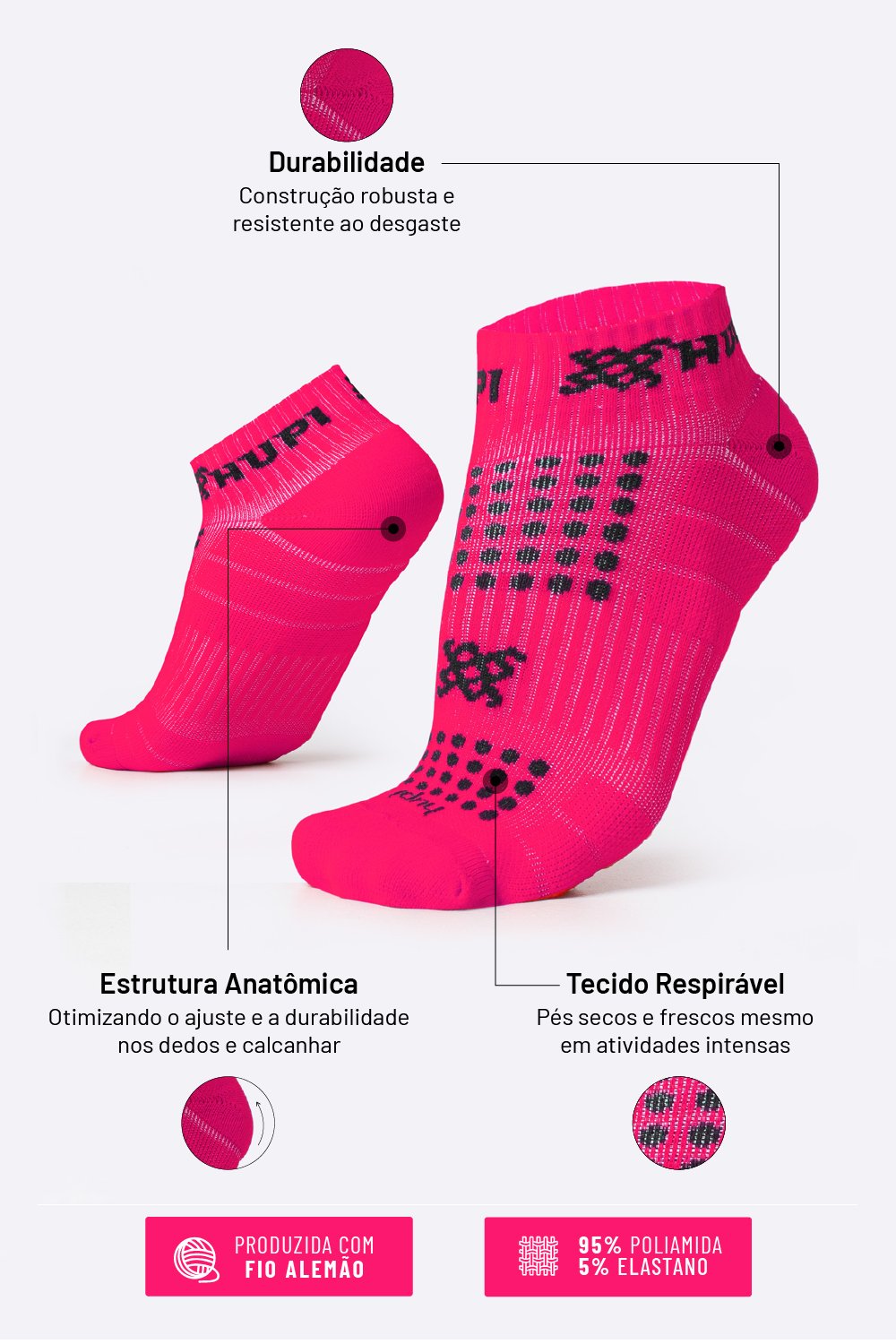 Meia Curta para Corrida HUPI - Running Pro Rosa Neon Meia Curta para Corrida HUPI - Running Pro Rosa Neon