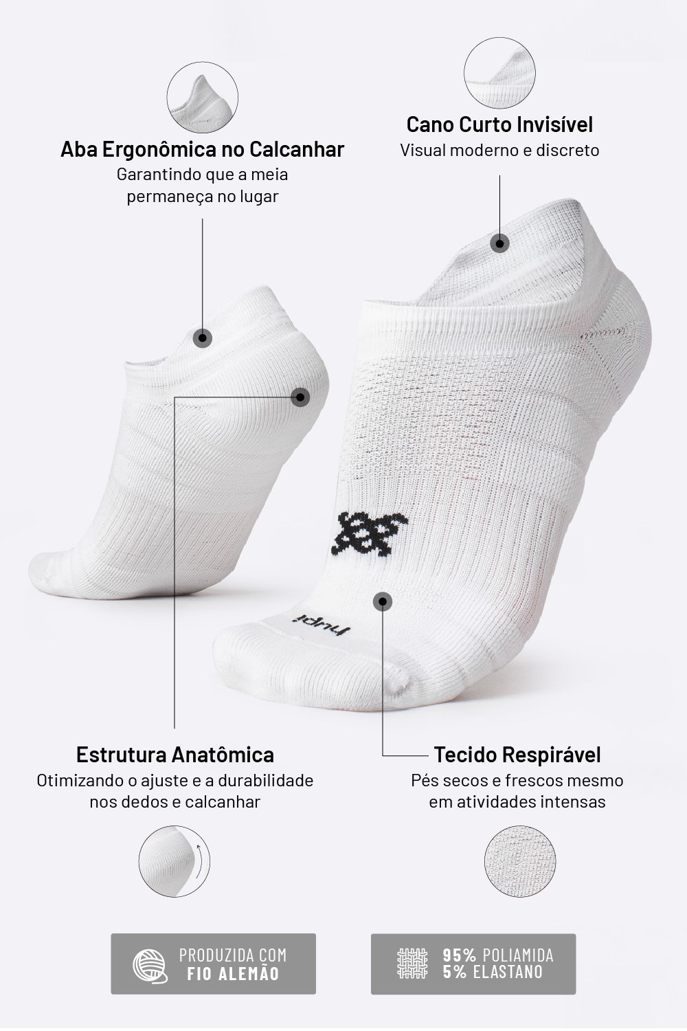 Meia Curta para Corrida HUPI Running Pro Invisível Branco LT Meia Curta para Corrida HUPI Running Pro Invisível Branco LT