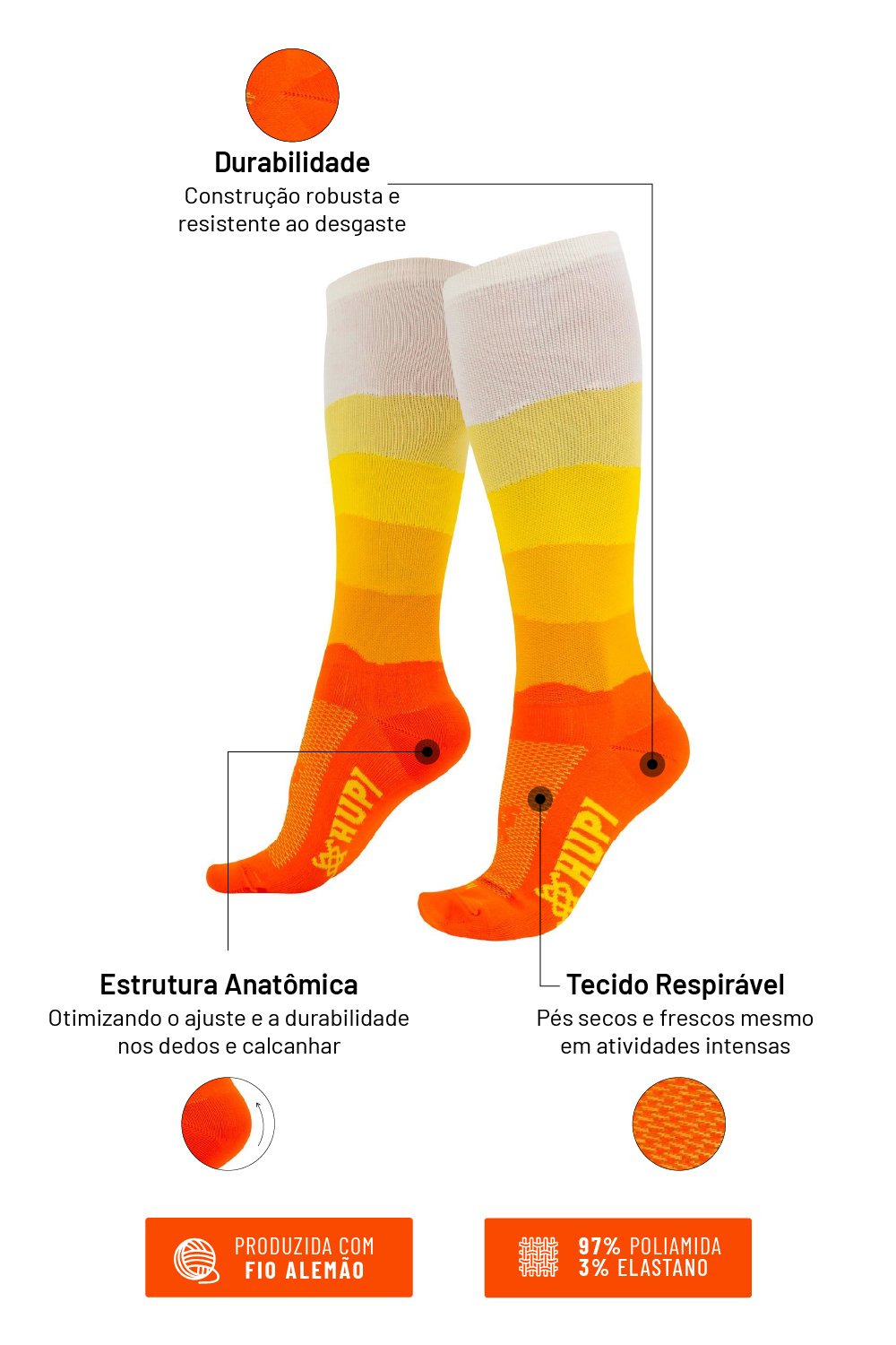 Meia HUPI Longa Colors Amarelo e Laranja Meia HUPI Longa Colors Amarelo e Laranja