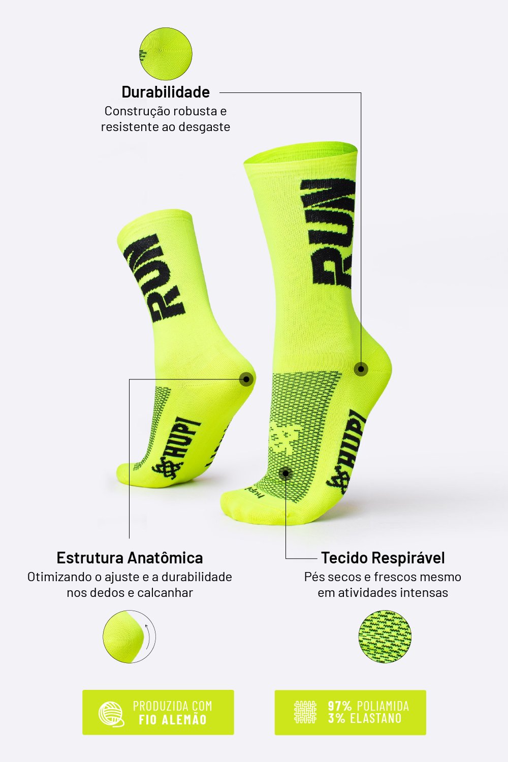 Meia HUPI Run Amarelo Neon/Preto Meia HUPI Run Amarelo Neon/Preto