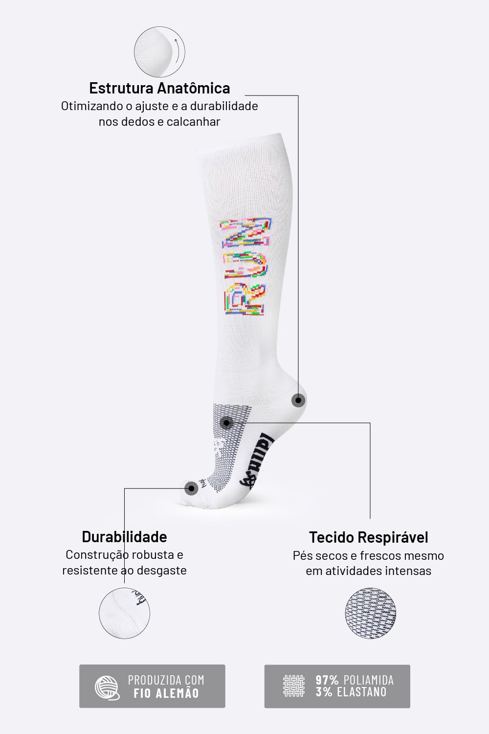 Meia HUPI Run Colors Branca Longa Meia HUPI Run Colors Branca Longa