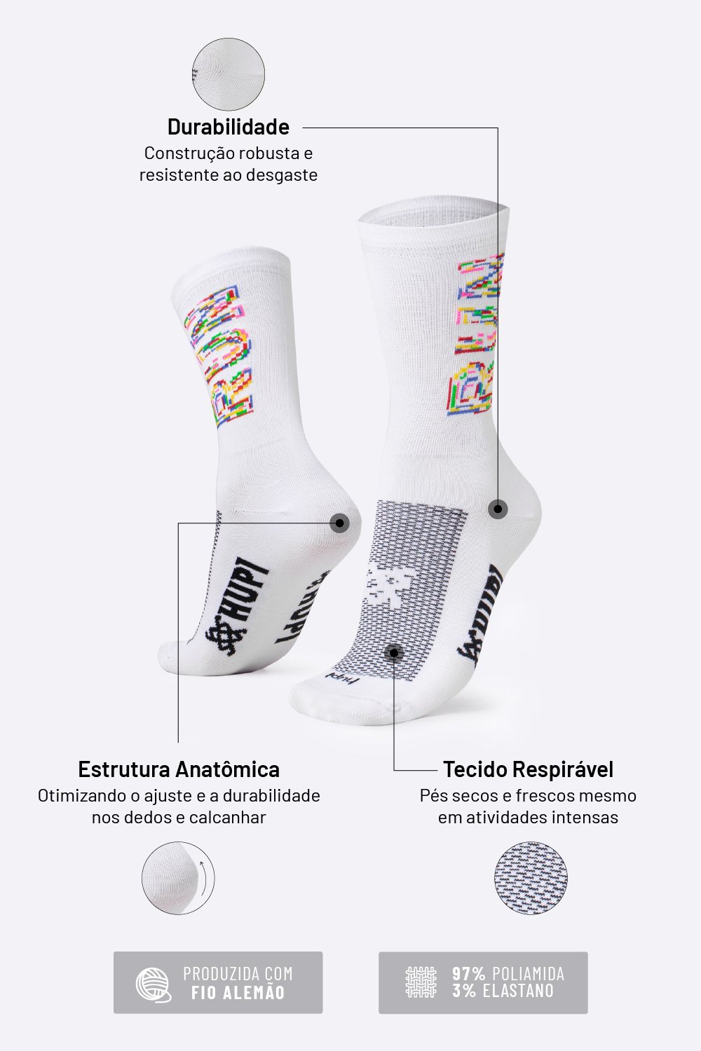 Meia HUPI Run Colors Branca - LT para pés menores 34-38