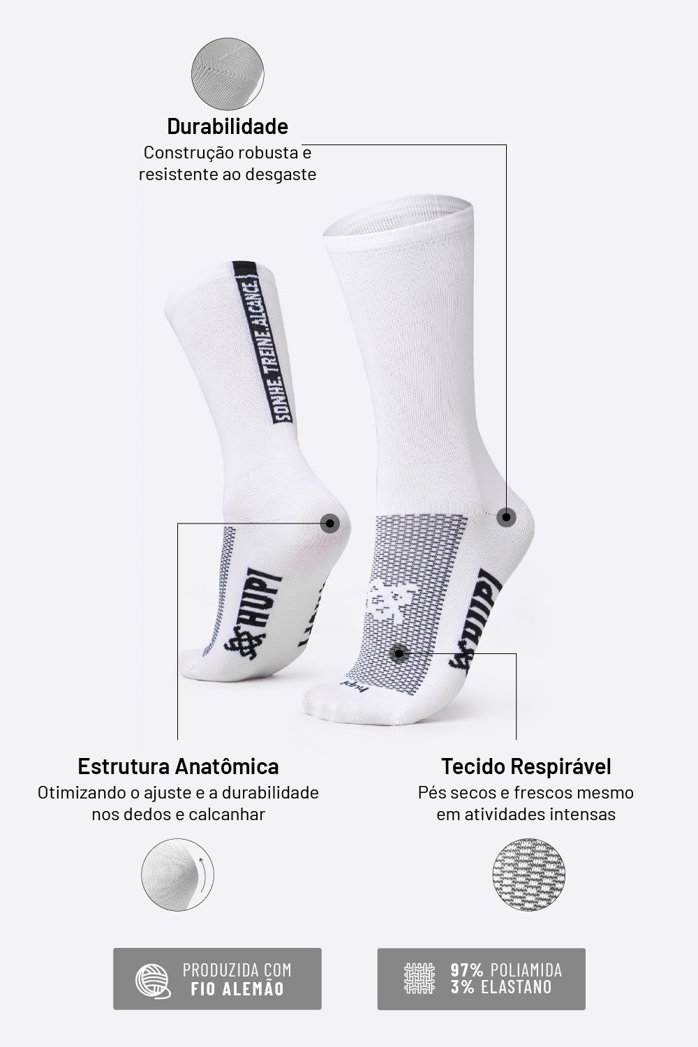 Meia HUPI Sonhe Treine Alcance Branco Meia HUPI Sonhe Treine Alcance Branco