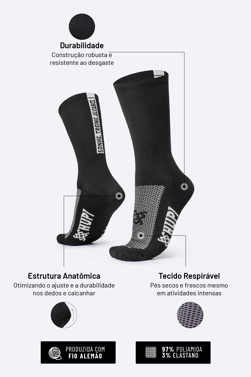 Meia HUPI Sonhe Treine Alcance Preto Meia HUPI Sonhe Treine Alcance Preto