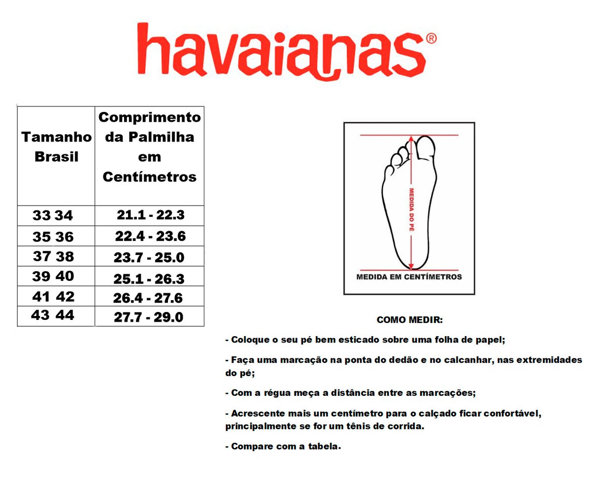 Tabela de 2025 medidas chinelo havaianas