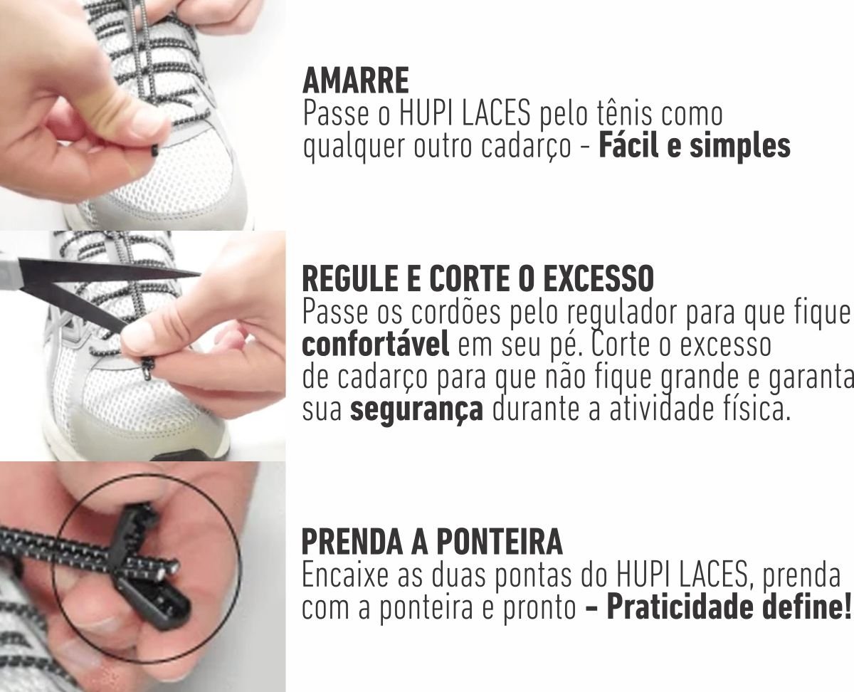 Cadarço Elástico HUPI LACES Preto Risca Branca Cadarço Elástico HUPI LACES Preto Risca Branca