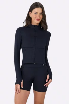 Jaqueta Alto Giro Ajustada Com Bolso Feminina Preta