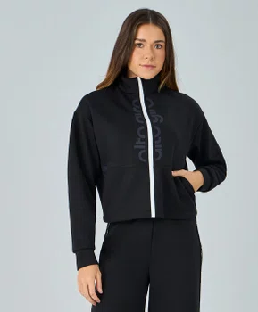 Jaqueta Moletom Zíper Bicolor Alto Giro Feminina Preta