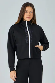 Jaqueta Moletom Zíper Bicolor Alto Giro Feminina Preta