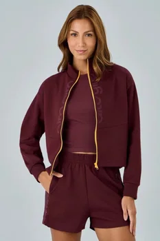Jaqueta Moletom Zíper Bicolor Alto Giro Feminina Vermelho Marsala