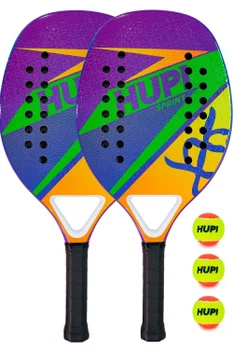 Kit 2 Raquetes Beach Tennis HUPI Carbon/Fiberglass Sprint + 3 Bolas de Beach Tennis HUPI Pro