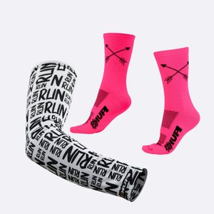 Kit Manguito HUPI Run Branco e Meia HUPI Flecha Rosa Neon