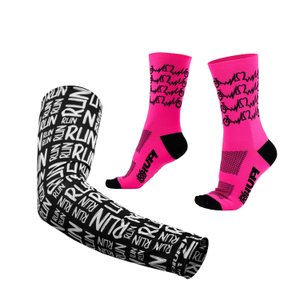 Kit Manguito HUPI Run Preto e Meia HUPI Bike Beats Rosa Neon