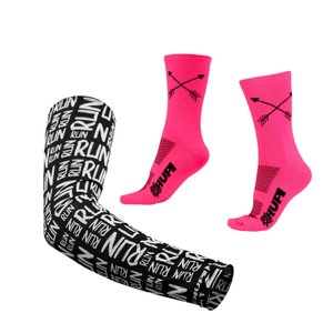 Kit Manguito HUPI Run Preto e Meia HUPI Flecha Rosa Neon