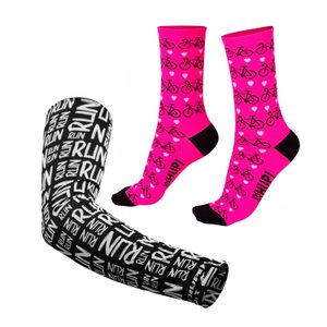 Kit Manguito HUPI Run Preto e Meia HUPI Rosa Love Bike