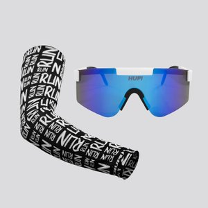 Kit Manguito Preto e Óculos Maverick Branco/Preto - Lente Azul Espelhado