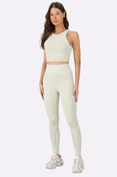 Legging Alto Giro Recortes Canelados Feminina Amarelo Creme