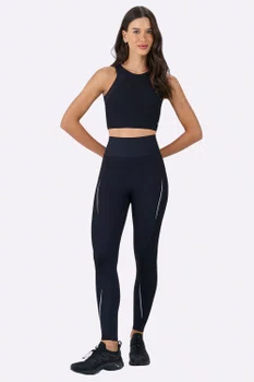 Legging Alto Giro Recortes Canelados Feminina Preta